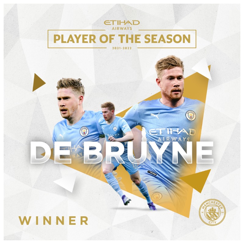 ManCity's tweet photo. .@DeBruyneKev has been voted the @Etihad Player of the Season for the fourth time! 🤩

Congratulations, KDB 👏

#ManCity
