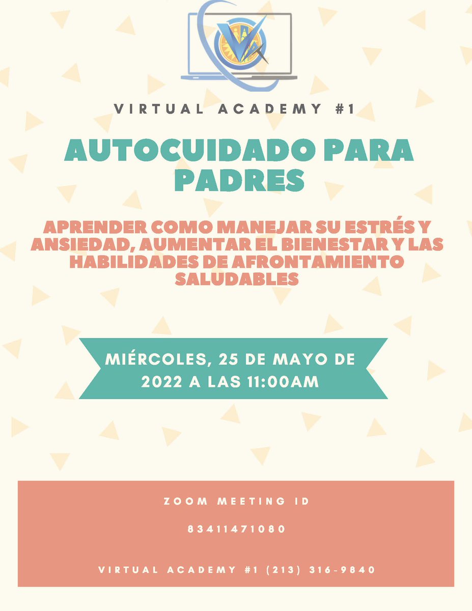 SELF-CARE WORKSHOP FOR PARENTS

LEARN TO MANAGE STRESS AND ANXIETY, INCREASE WELLNESS, AND HEALTHY COPING SKILLS

WEDNESDAY, MAY 25, 2022 

Sesión de español a las 11:00 am

English Session AT 4:00PM
Zoom Meeting ID:  8 3 4 1 1 4 7 1 0 8 0
lausd.zoom.us/j/83411471080