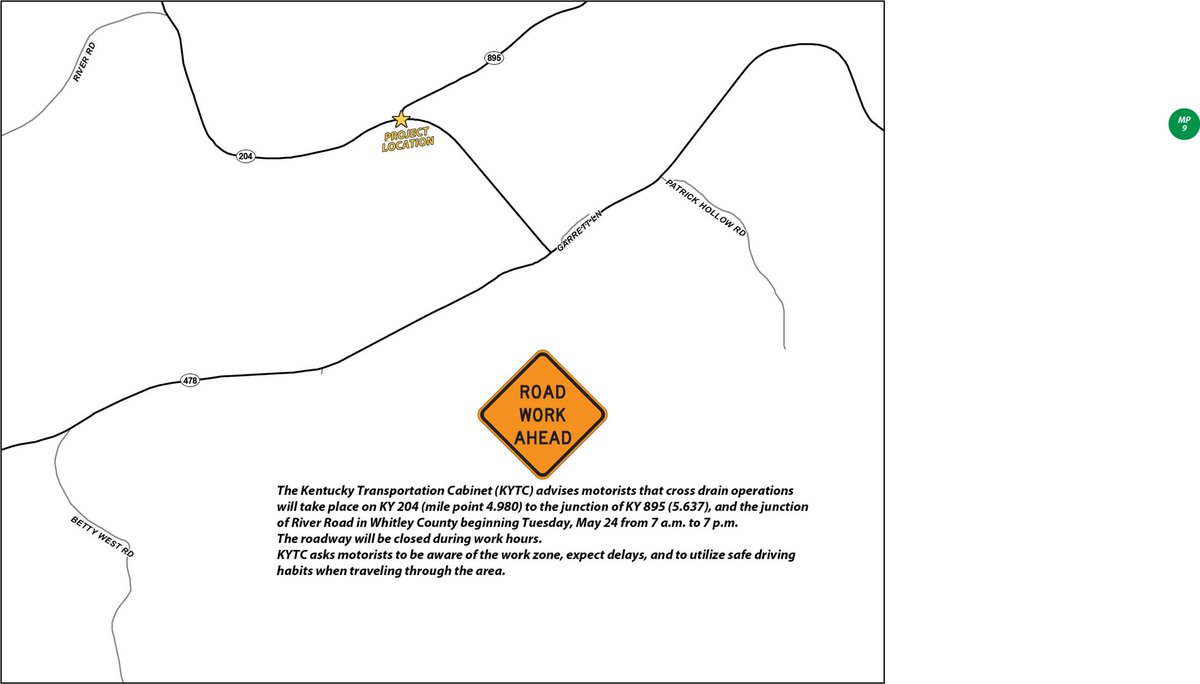 KYTCDistrict11's tweet photo. Cross Drain Operations Start Tuesday, May 24 on KY 204 in Whitley County

For more information, please click on the attached image. https://t.co/3mQngbumYK