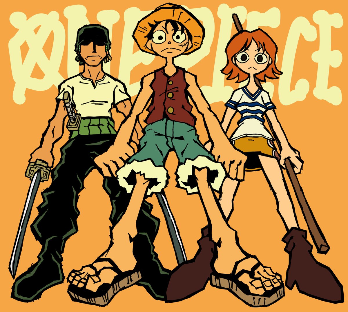 nami (one piece) ,roronoa zoro 1girl 2boys multiple boys sword weapon orange hair hat  illustration images