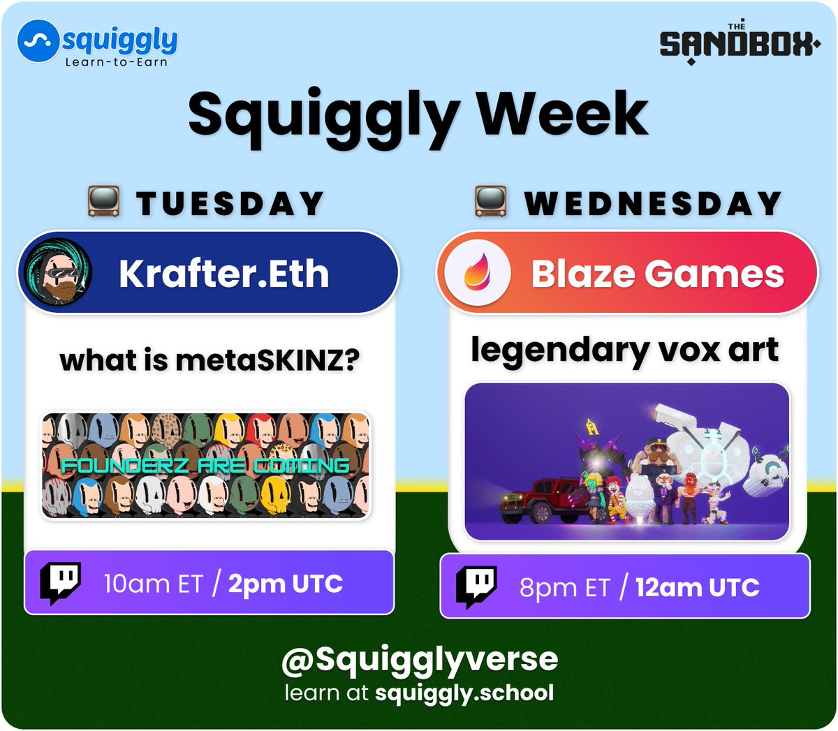 Squigglyverse's tweet photo. 🌀LET'S LEVEL UP SANDFAM🌀

We got some HYPE streams lined up for this week:

TOMORROW (5/24): @krafter_eth letting us know what's happening at @metaSKINZ 🚀

WEDNESDAY (5/25): god-tier Sandbox builders @BlazeGamesAU show us how it's done 🔥 https://t.co/dwnlo1qB4k