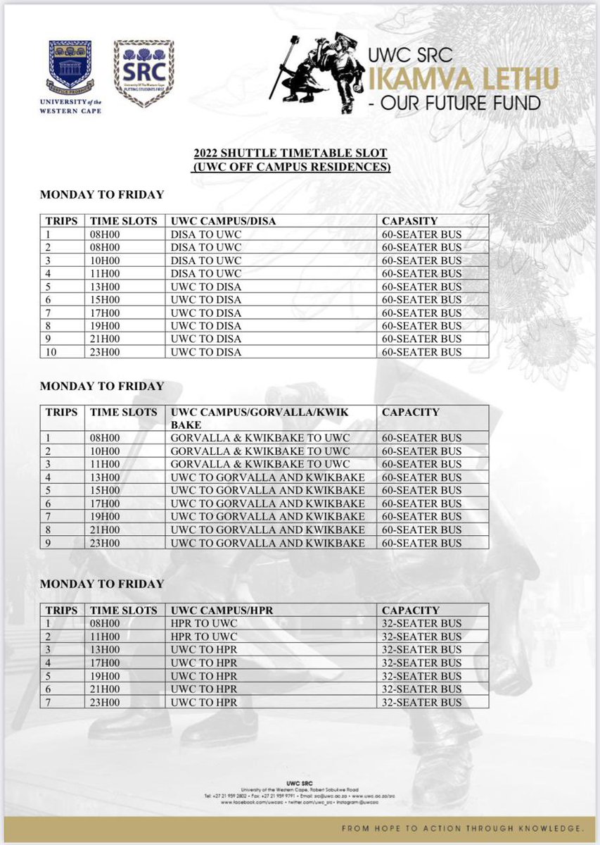 UWCSRC's tweet image. 🚨🚨Attention 🚨🚨

The extended shuttle times for UWC residences can be found below. The shuttle schedule for Hasendal, Solaris and other Private accommodations will be released by no later than Wednesday May 25 2022, as the times are still being finalised.