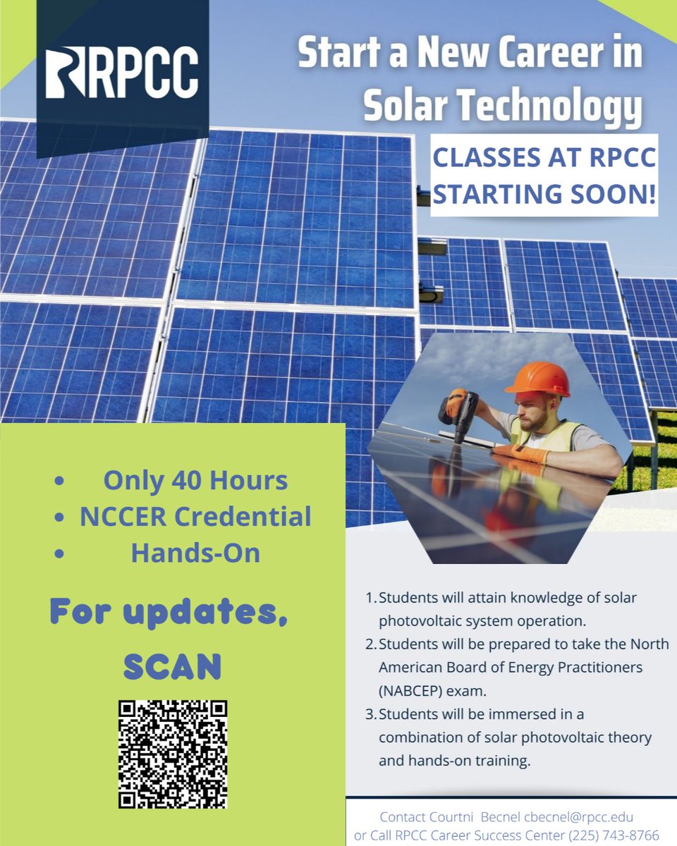 RiverParishesCC's tweet photo. Classes for solar technology will be starting soon! Follow us for more updates and course announcements. https://t.co/n2oZplbpg0