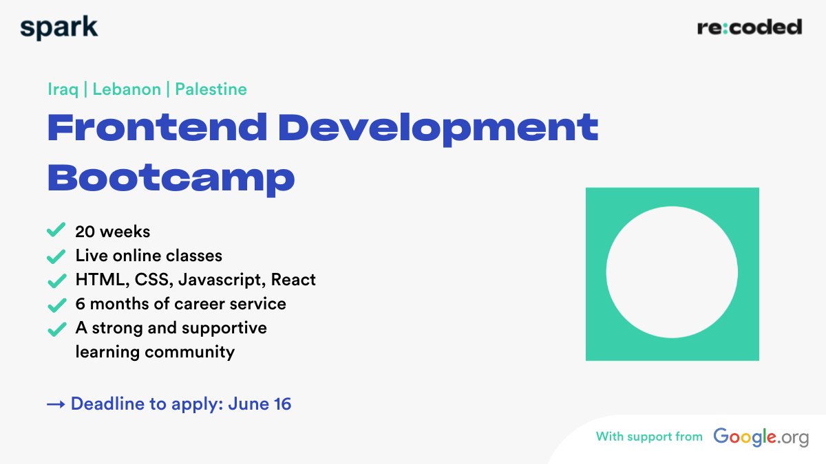 recodedofficial's tweet image. 📣LAUNCH ALERT📣 We are delighted to launch a new Frontend Development Bootcamp and this is a pretty exciting one as we’re welcoming students from 3 different countries: Iraq, Lebanon, and Palestine 👉 my.mtr.cool/epsfipgnpo
#GoogleOrg #SPARK #SPARKAlumni #frontenddev