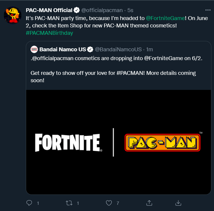 FireMonkey's tweet photo. Welp it's been further confirmed that Fortnite x Pac-Man is on June 2nd, so what do you think the cosmetics will be? https://t.co/nm7o3AdOQc