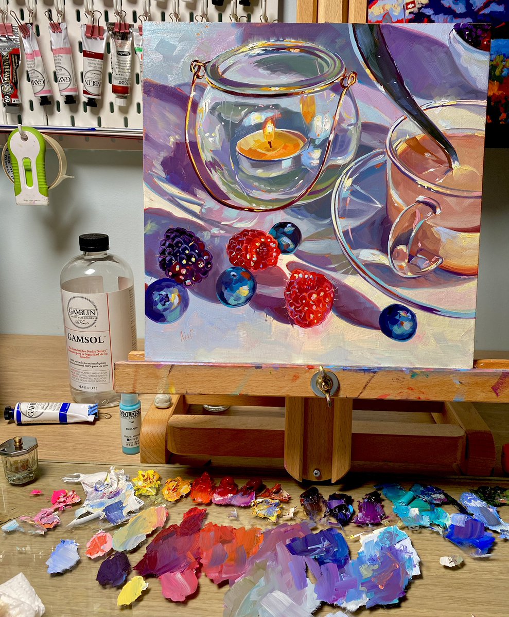 Finished still life painting! I’ll take better/cropped pics soon but I like the way it looks with the messy palette :) #oilpainting