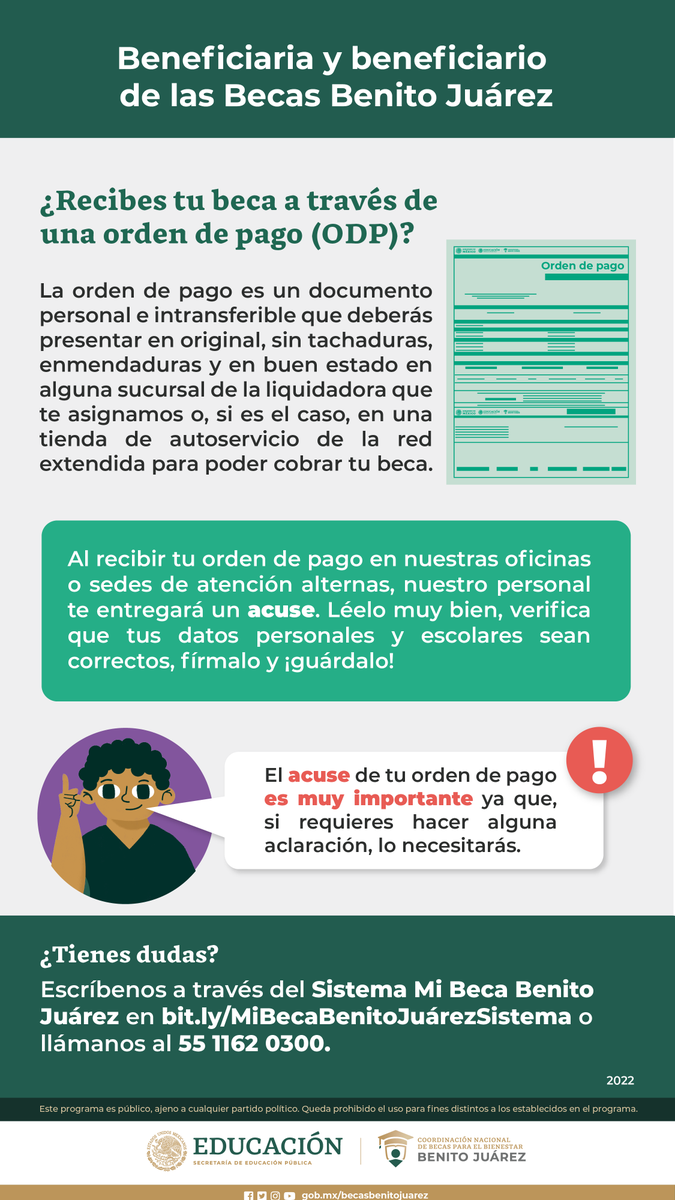 BecasBenito's tweet photo. 📢 Información importante para beneficiarias y beneficiarios de las #BecasBenitoJuárez 📢

Si recibes tu apoyo mediante ORDEN DE PAGO, sigue estas recomendaciones para que puedas cobrar tu beca sin ningún problema. 

☝️ Este documento es PERSONAL e INTRANSFERIBLE, ¡cuídalo! https://t.co/PvIJmIvCUr