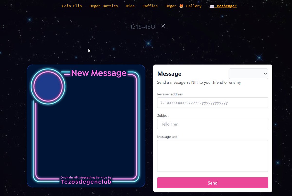 TezosDegenClub's tweet photo. Hey Degens , TDC presenting you ,the #Degen #Messenger which will allow any #DegenFoxes holder to send an #NFT message to any #tezos address. 
Send a message to that anon or a dear friend , talk , everything on chain . 
To Degens and Glory  🎰🦊🥂⚔️ https://t.co/LqmHKJbjlw