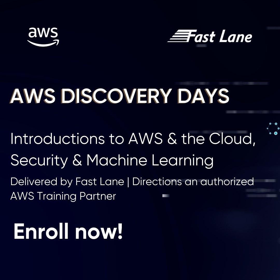 FastLaneUS's tweet photo. FREE #AWS Discovery Days, hosted by Fast Lane | Directions an official Amazon Web Services (AWS) Training Partner, provides an introduction to cloud concepts including security, machine learning, migration, and modern data strategy. Enroll now: https://t.co/9oa3cdRIfA
#FastLane https://t.co/gseKX9thgt