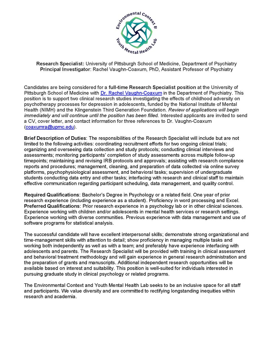 RachelAnnVC's tweet image. Come work with us!! We&apos;re hiring a Research Specialist to support ongoing studies examining the effects of childhood adversity on psychotherapy mechanisms for treating depression among youth. Join us at @PittPsychiatry. Apply here: careers.upmc.com/jobs/9639118-r…