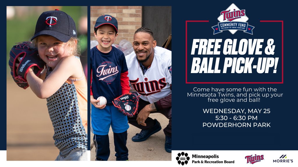 Head to Powderhorn Park on Wednesday, May 25, 5:30-6:30 pm for a free glove and ball from the @twins! Thank you to @TwinsCommunity for their generous support of Minneapolis youth baseball for nearly 30 years. Looking forward to another great summer on the diamond!