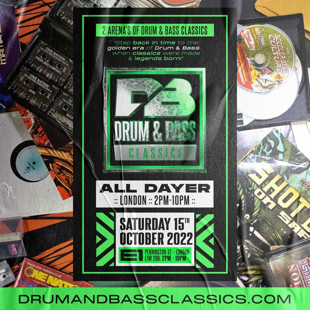 After the summer, we return to the golden era of Drum & Bass... #DrumandBassClassics #London #AllDayer on Saturday 15th October 2022 @E1LDN ... If you witnessed the vibes last time round, you'll know how good a day it was 💯 dnbclassics.com