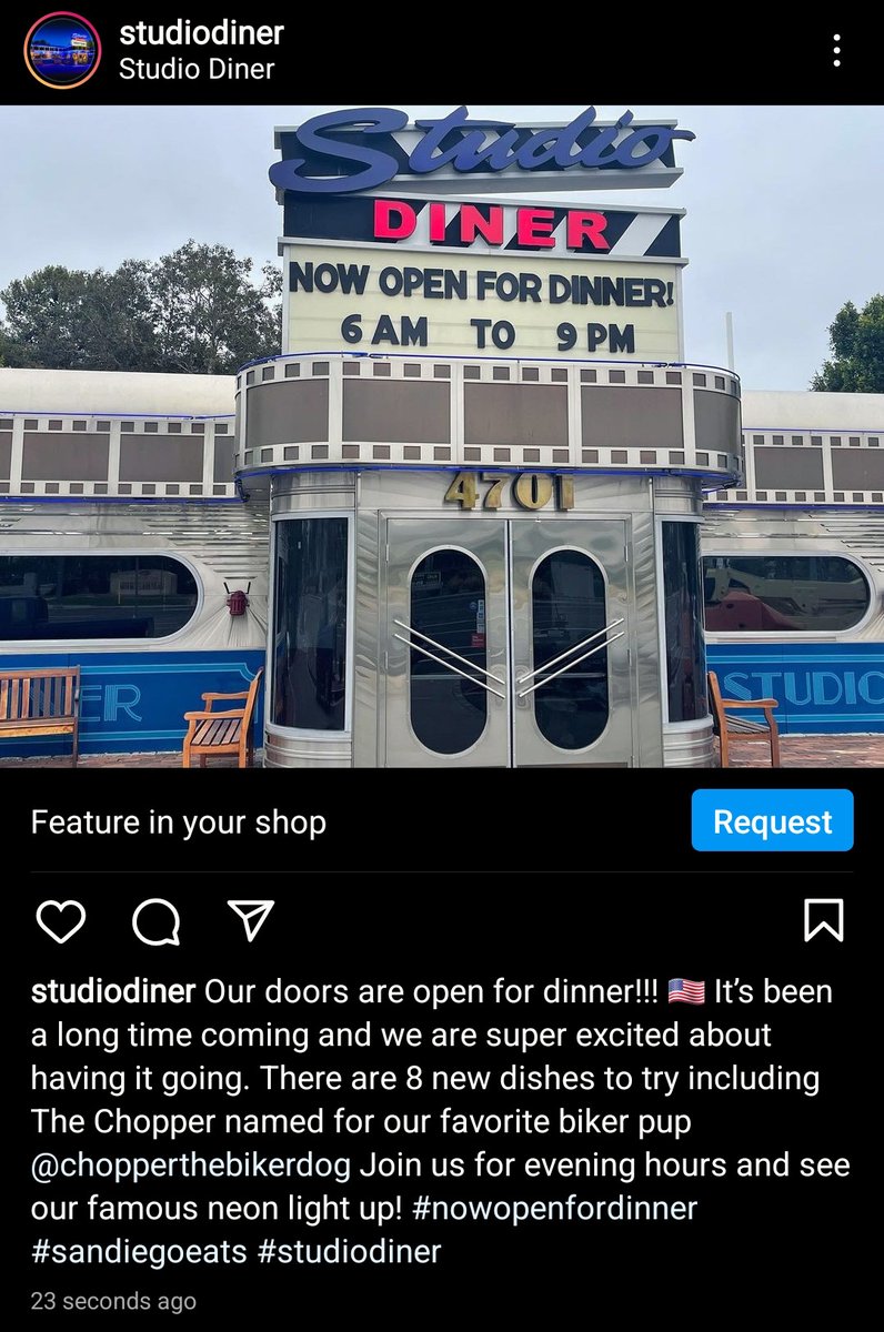 ChopperBikerDog's tweet photo. Posted on @Studiodiner's Social Media. #Flattered #Honored #Speechless #ThisIsAFirst
THANK YOU SO MUCH Studio Diner!
"Our doors R open for dinner!!! πΊπΈ 8 new dishes to try including The Chopper named for our favorite biker pup @chopperthebikerdog"-- Studio Diner. CU all soon https://t.co/PqYbqd9MFS