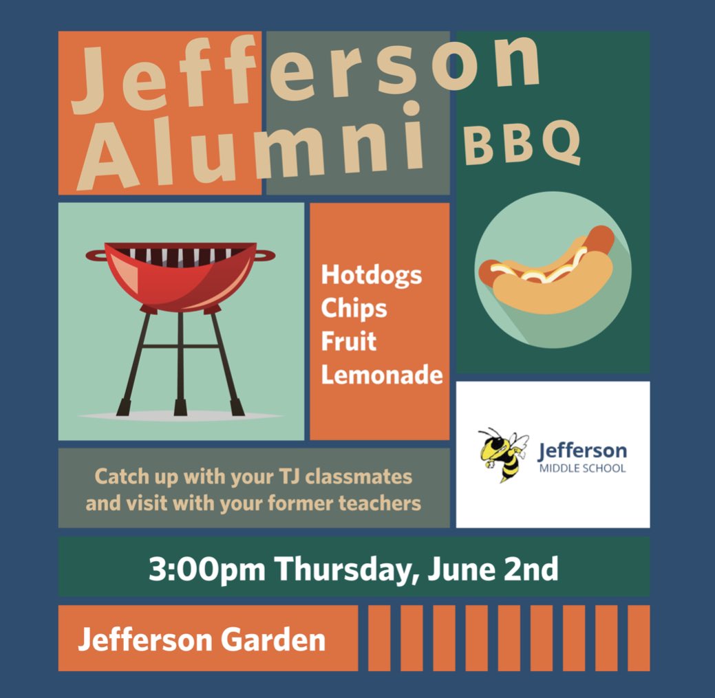 MrsBennettELA's tweet photo. It’s almost time for the first TJMS alumni BBQ since the pandemic hit! In 2019, this event was a HUGE success and we can’t wait to welcome back all our former yellowjackets for some food and fun. Please spread the word! https://t.co/2cSt6yLRAK