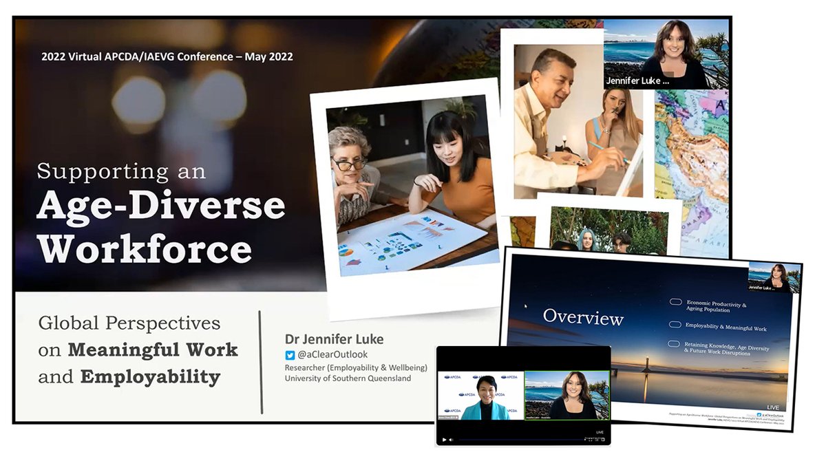 aClearOutlook's tweet photo. Last Friday enjoyed presenting online at the @iaevg / #APCDA 2022 conference. "Supporting an Age-Diverse #Workforce: Global Perspectives on #MeaningfulWork & #Employability". #Wellbeing & Employment - all ages. @sqnnswhub @accellres @usqedu @CDAA_inc #2022apcdalaevg https://t.co/0kuIW747Rj