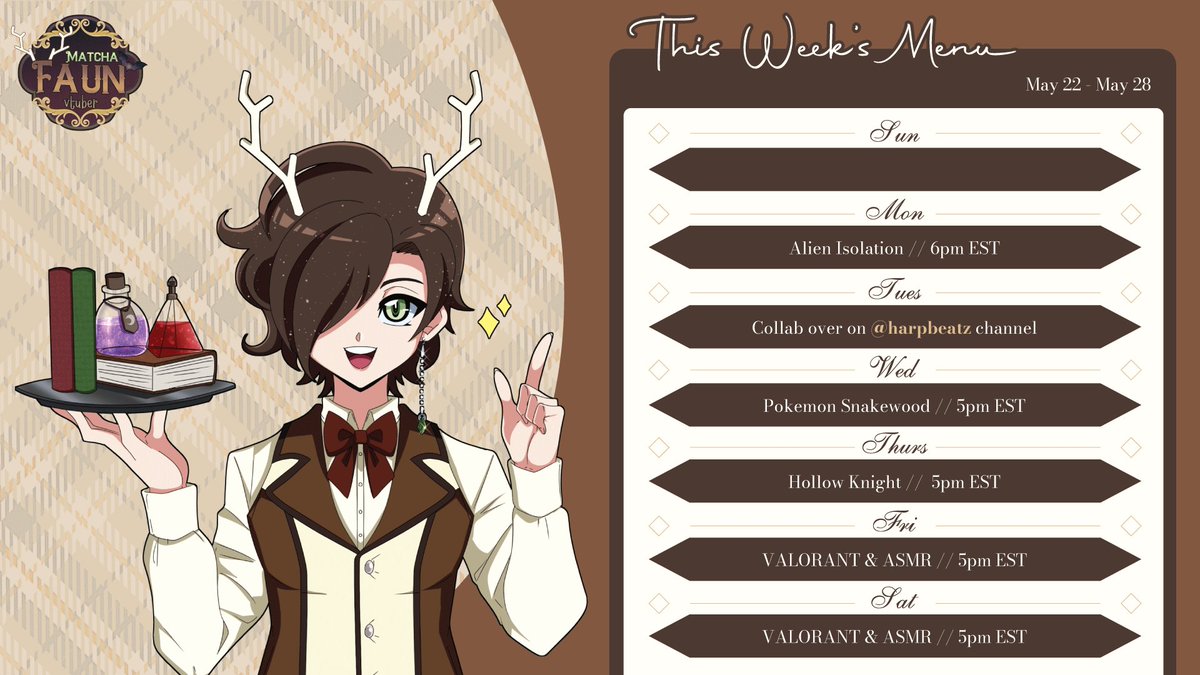 MatchaFaun's tweet photo. 【🦌 Weekly Schedule!🦌】
May 22 - May 28

General #Matchafaun
Art #Faunart
NSFW #Matchabottom
https://t.co/WsLUnQ9EGq

THANK YOU @yuu_reii FOR THIS STUNNING LAYOUT, I LOVE YOU BB 🤎 https://t.co/18LApRd713
