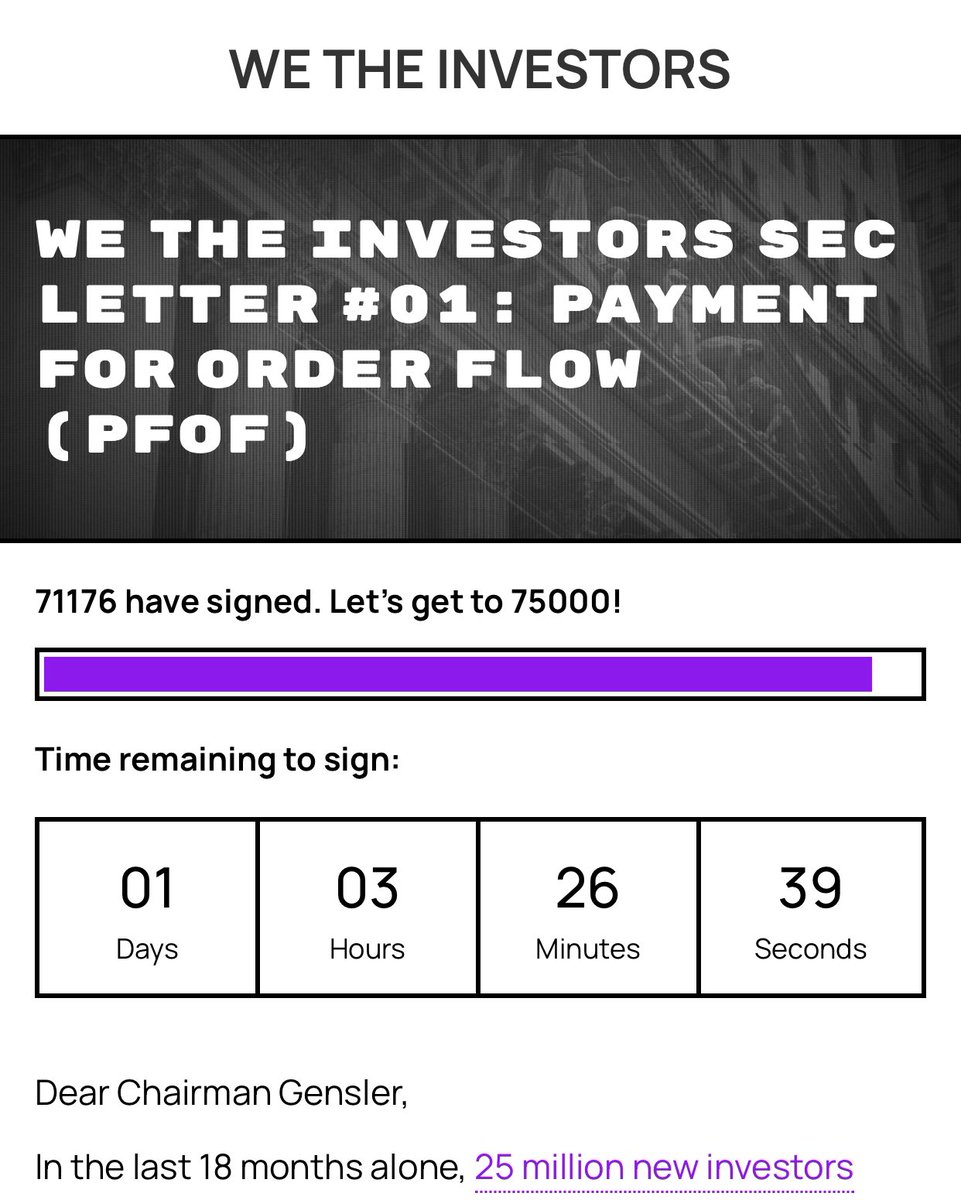 UrvinFinance's tweet photo. 71,176 individuals. One goal. One voice. Time is running out to sign, and share: https://t.co/CdQYIf26qg #WeTheInvestors https://t.co/MTZgdJFM6t