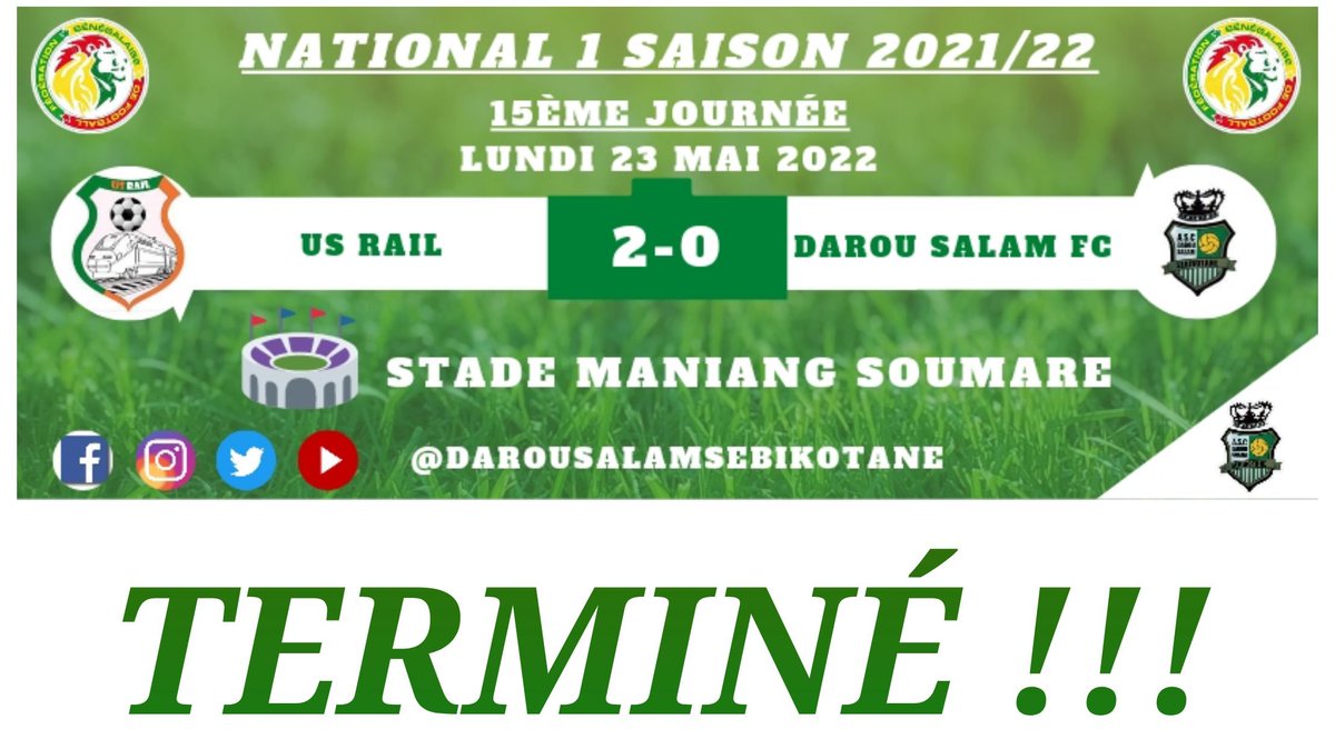 DarouSalamSebi's tweet photo. 𝔽𝕦𝕝𝕝 𝕋𝕚𝕞𝕖 ⚽
DAROU SALAM perd 2-0 face à US RAIL 
#NATIONAL1 #DAROU #SEBIKOTANE #VERTBLANC #DSSM https://t.co/jFiQZW015d