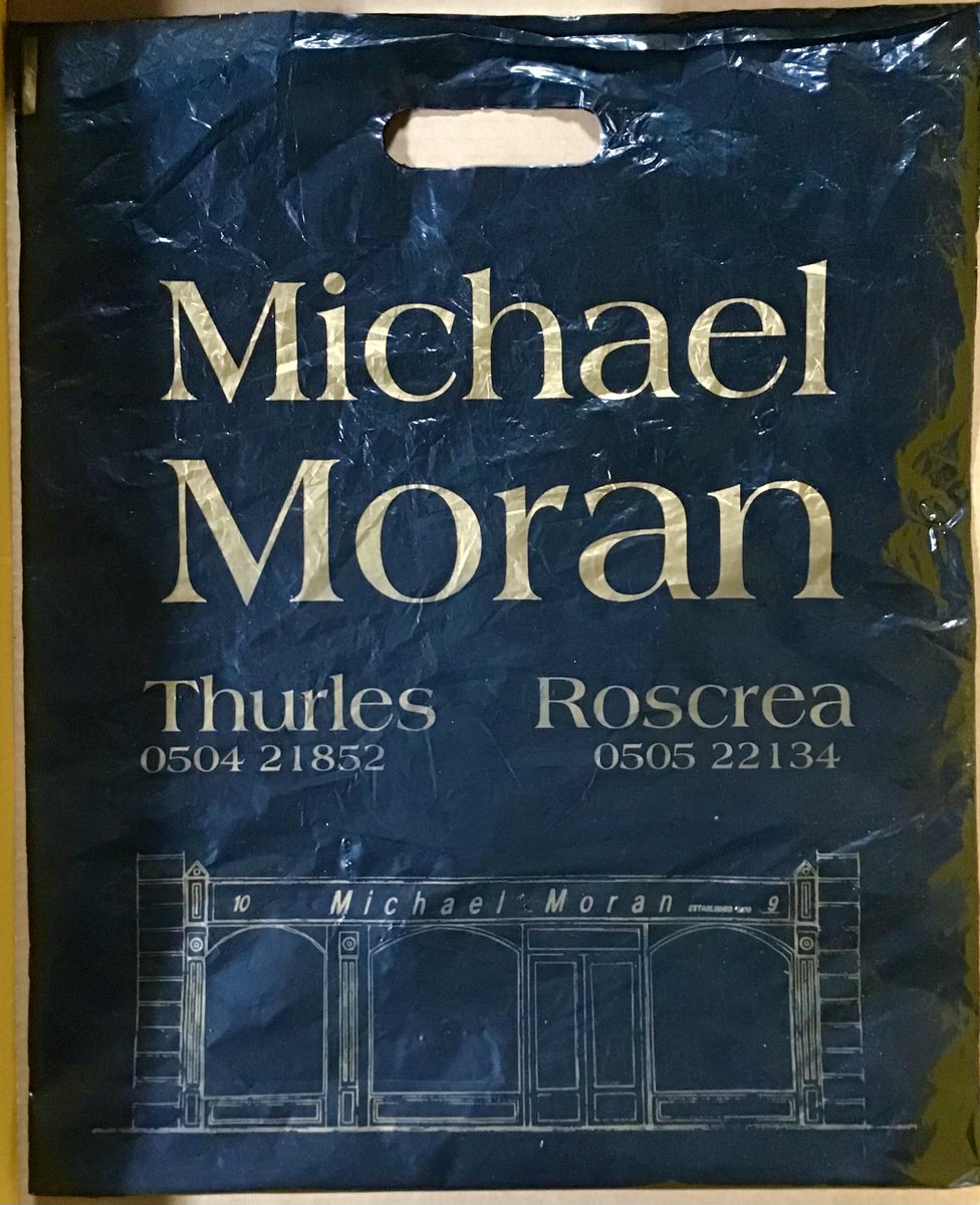 OldThurles's tweet photo. The evolution of the Moran’s Menswear bag, Friar St., Thurles, from plastic to paper. Paper &amp; card so much better. 🕴️@Designedly_ @ThurlesChamber @LegoLostAtSea @TippStudies https://t.co/I0n2AMCc08
