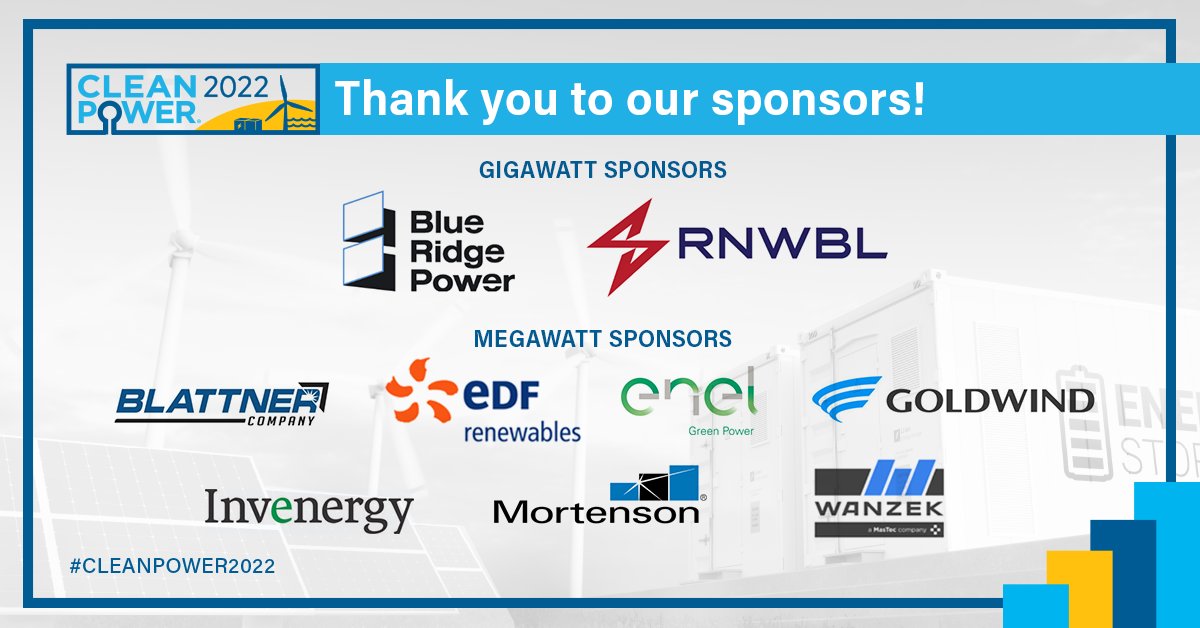 CleanPwrEvents's tweet photo. Thank you to our #CLEANPOWER2022 Gigawatt and Megawatt sponsors! https://t.co/bwBWizEATs https://t.co/R5DtFYtyYg