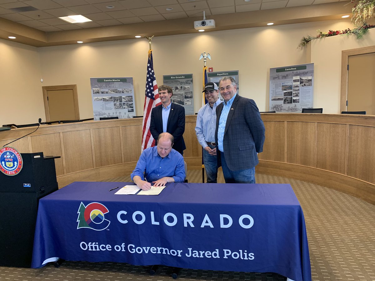 Big day for #cowater! <a href="/GovofCO/">Governor Jared Polis</a> signs the Projects Bill (HB 1316) funding critical water programs &amp; Groundwater Compact Compliance Fund (SB 028) for Rio Grande and Republican river basin reduction efforts. <a href="/ColoradoDNR/">CO Dept of Natural Resources</a> <a href="/dangibbsDNR/">Dan Gibbs</a> <a href="/DonaldValdezCO/">Donald Valdez for Colorado</a>