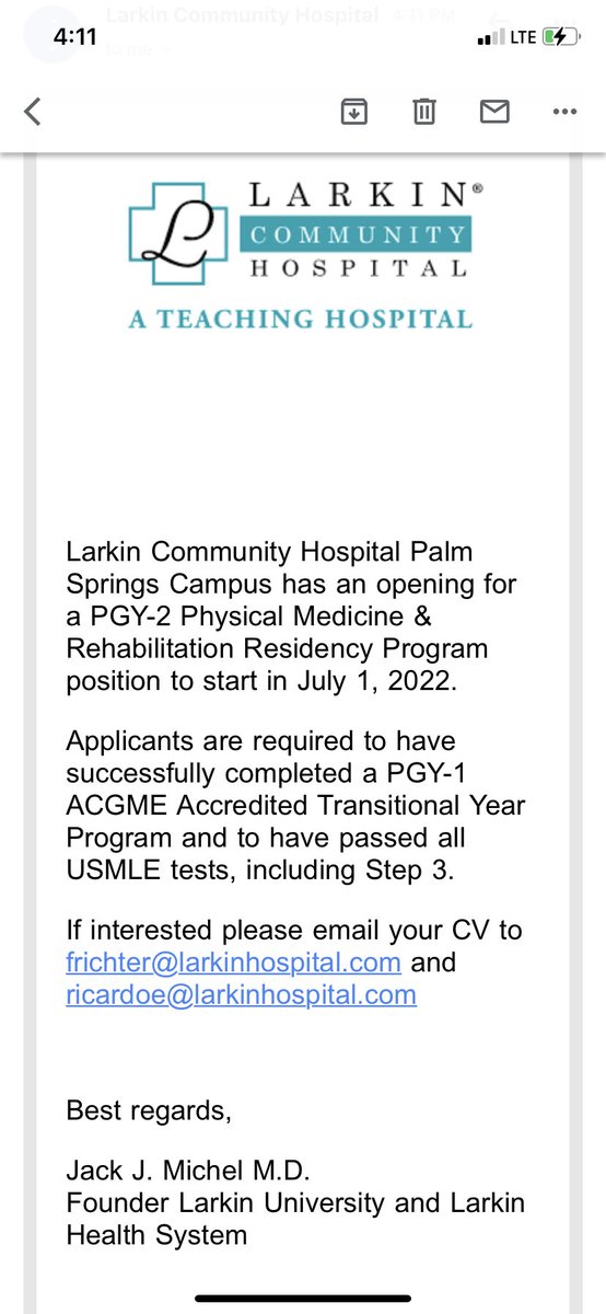 New PGY-2 opening at Larkin Community Hospital for a Physical Medicine &amp; Rehabilitation Residency Program starting July 1st! Must have passed step 3 <a href="/Inside_TheMatch/">Inside The Match</a> <a href="/IMG_Advocate/">Advocates for IMGs</a> <a href="/StoriesImg/">IMG_stories</a> #MedTwitter