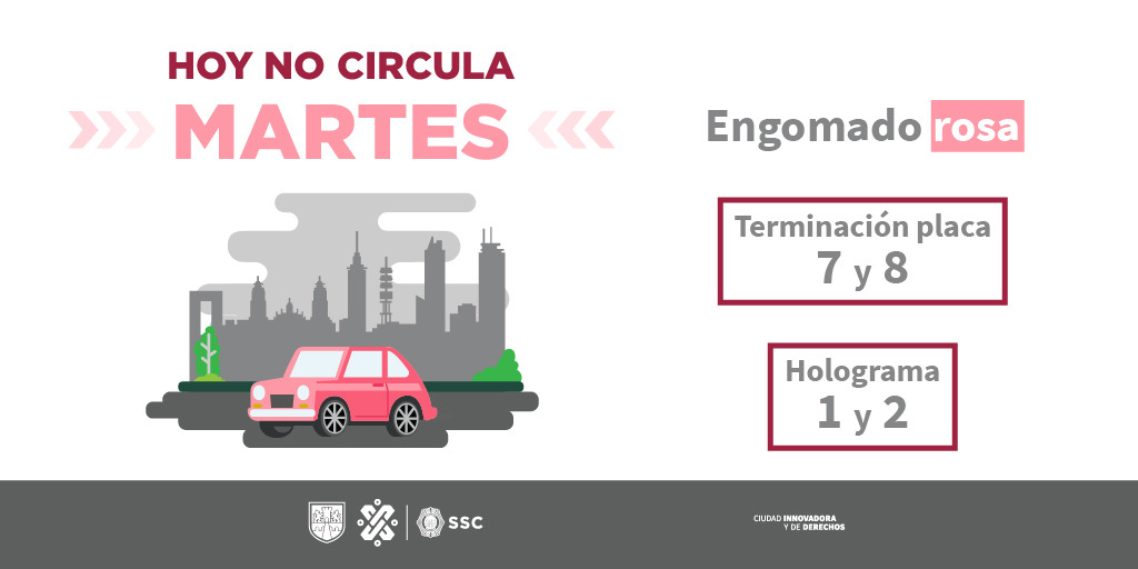 OVIALCDMX's tweet photo. Recuerda, el programa #HoyNoCircula aplica para los vehículos con holograma 1 y 2, engomado rosa y terminación de placas 7 y 8. https://t.co/dJDenOMMvr