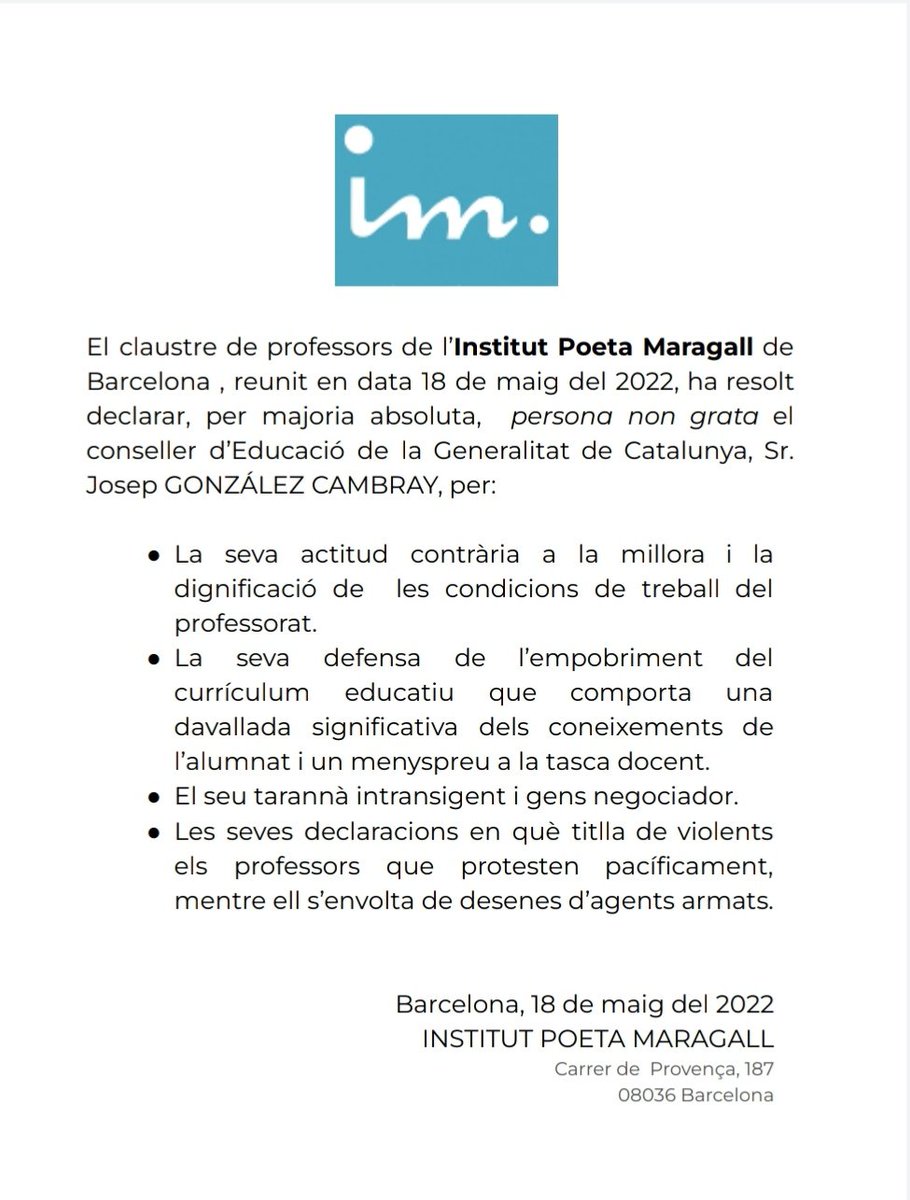 mvb2021's tweet photo. No senyor Cambray. No és vostè ni valorat, ni benvingut al nostre centre @affac_cat @IolandaSegura @arnauart @SomXlaPublica @Esquerra_ERC @JosepGCambray @USTECSTEs @sindicat @GemmaSecundaria #cambraycessament #VagaEducació #cambraydimissio https://t.co/R25L2ycZQ5