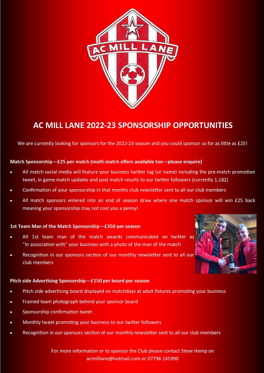 AC_Mill_Lane's tweet photo. SPONSORSHIP OPPORTUNITIES

We are on the lookout for sponsorship with various packages available from as little as £25! For more info please see the two attached documents.

❤️🖤❤️🖤

#supportlocal #bradwell #nonleague #sponsorship #norfolkfootball https://t.co/PpbdwzbtdQ