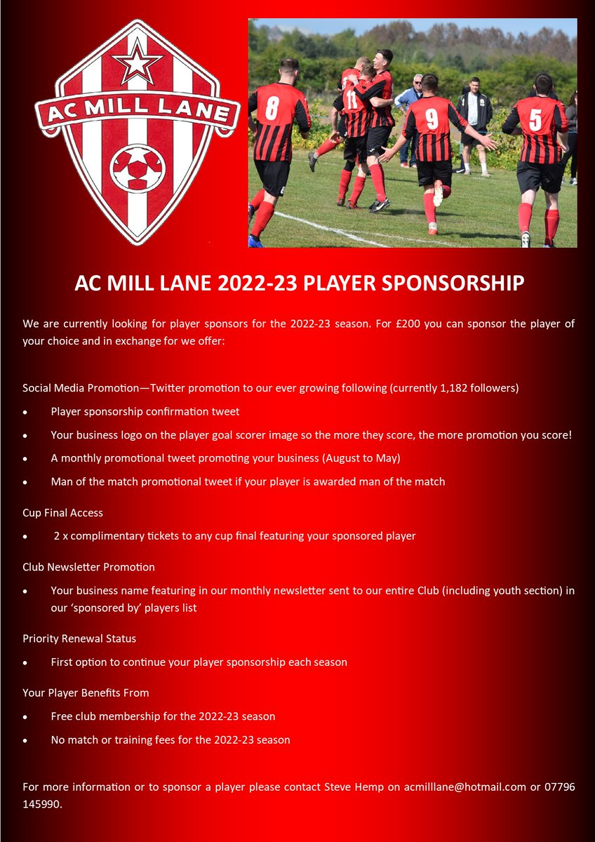 SPONSORSHIP OPPORTUNITIES

We are on the lookout for sponsorship with various packages available from as little as £25! For more info please see the two attached documents.

❤️🖤❤️🖤

#supportlocal #bradwell #nonleague #sponsorship #norfolkfootball
