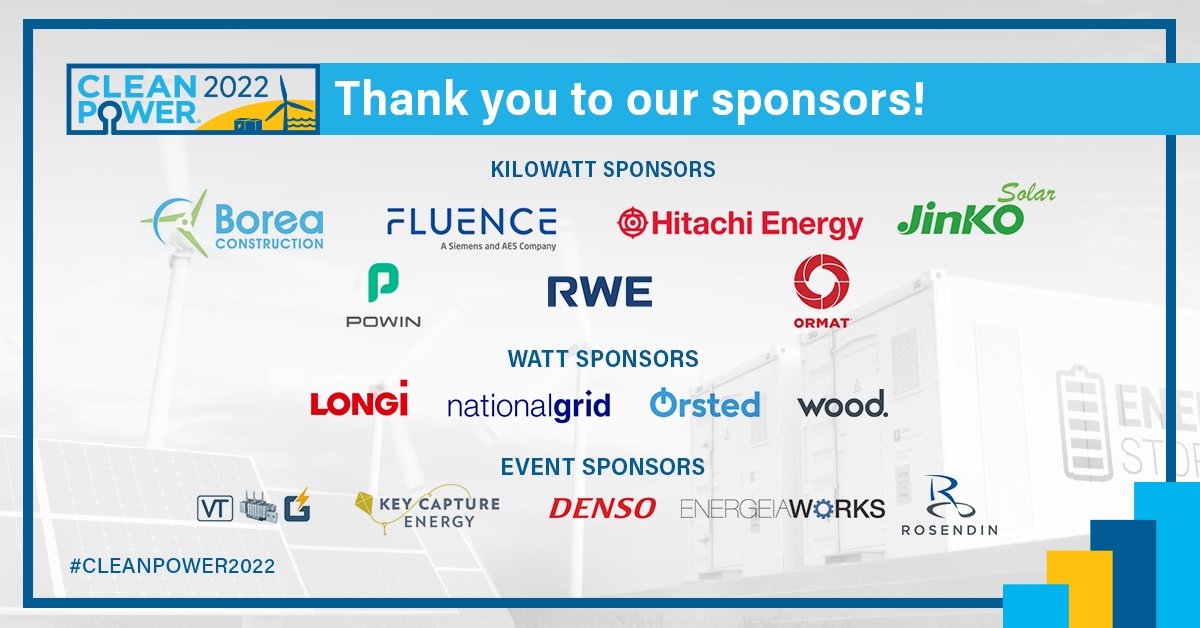 CleanPwrEvents's tweet photo. .@USCleanPower thanks our #CLEANPOWER2022 Kilowatt, Watt, & Event Sponsors! Thank you for your support as our industry works together to build the clean energy economy. https://t.co/bwBWizEATs https://t.co/qW5ZyOAT54