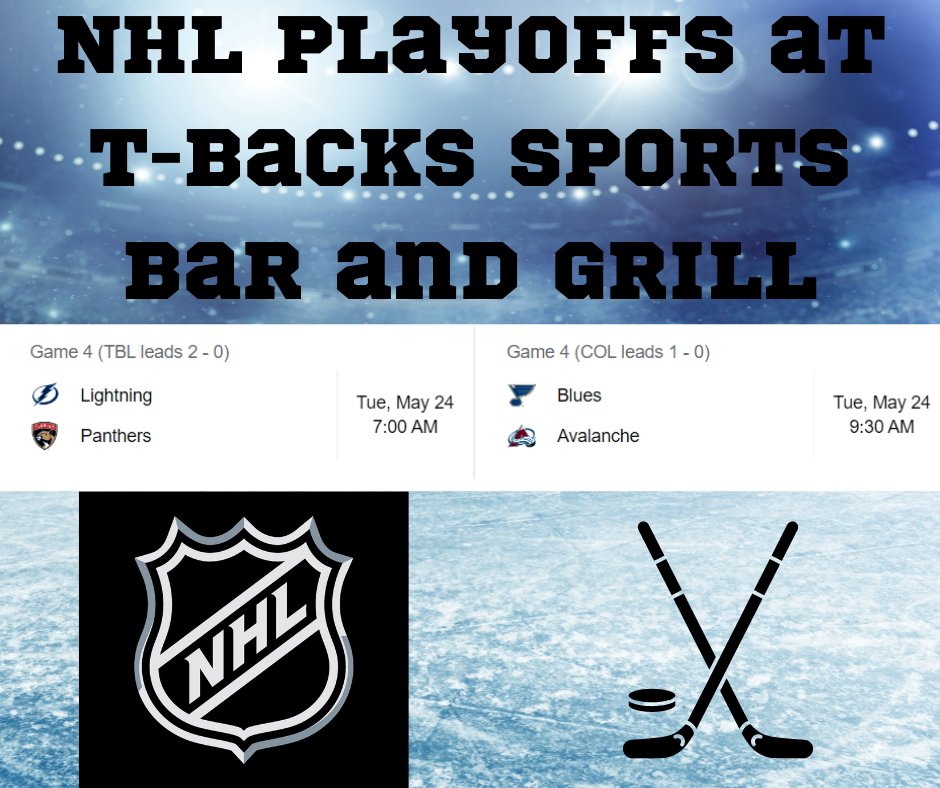 tbacksbbq's tweet photo. The NHL playoffs EASTERN CONFERENCE has Lightning at Panthers at 7:00am and the WESTERN CONFERENCE has Blues at Avalanche at 9:30am this morning at T-Backs Sports Bar and Grill. #nhlplayoffs #angeles #avalanchevsblues #tbacksisgood
#panthersvslightning #angelescity #Pampanga https://t.co/Guk3IN1rG8