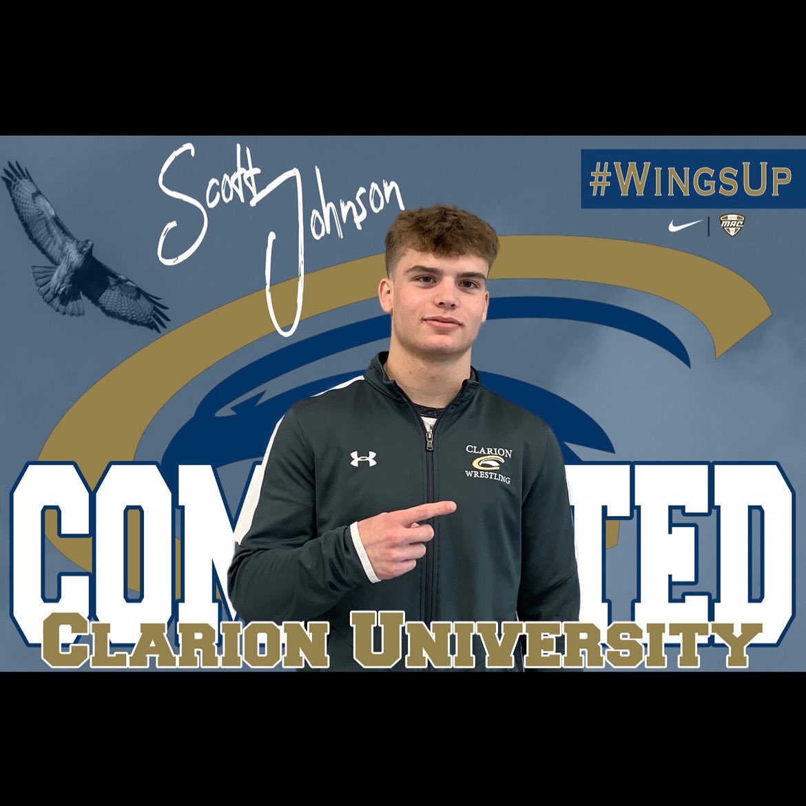 I’m proud to announce that I’ve decided to further my academic and athletic career at Clarion University. Thankful for my family, coaches, and friends who have helped me get to this point. I’m excited to be a Golden Eagle🦅#wingsup #d1