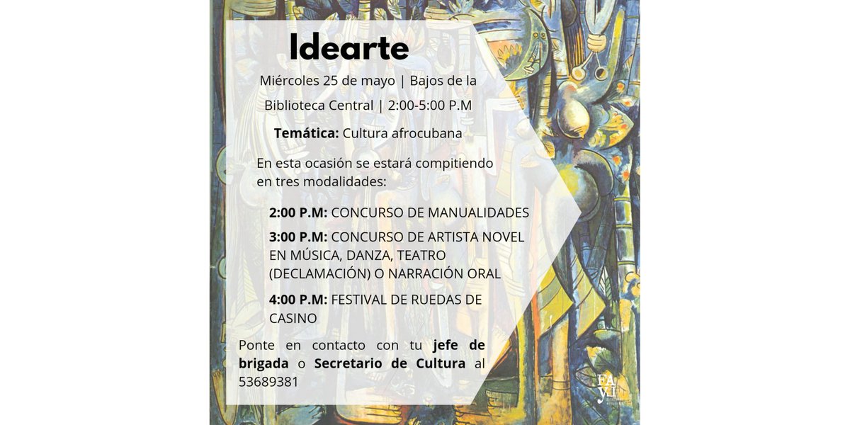 🌍Hoy lunes 23 de mayo comienza la Jornada de la cultura Afro en Cuba 🇨🇺. Como parte de las actividades desarrolladas por la <a href="/UdeLaHabana/">Universidad de La Habana</a> 🏛️, la <a href="/FArtesyletras/">FAyL_Artes y Letras</a> los invita a participar de nuestro programa cultural IDEARTE. Participa y celebra con nosotros
#60Aniversario #SomosFEU