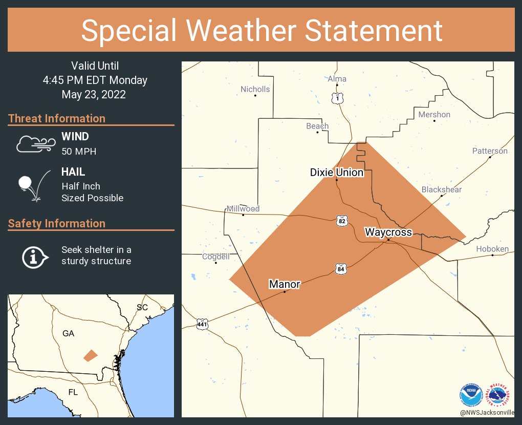 NWS Jacksonville on Twitter "A special weather statement has been issued for Waycross GA, Dixie