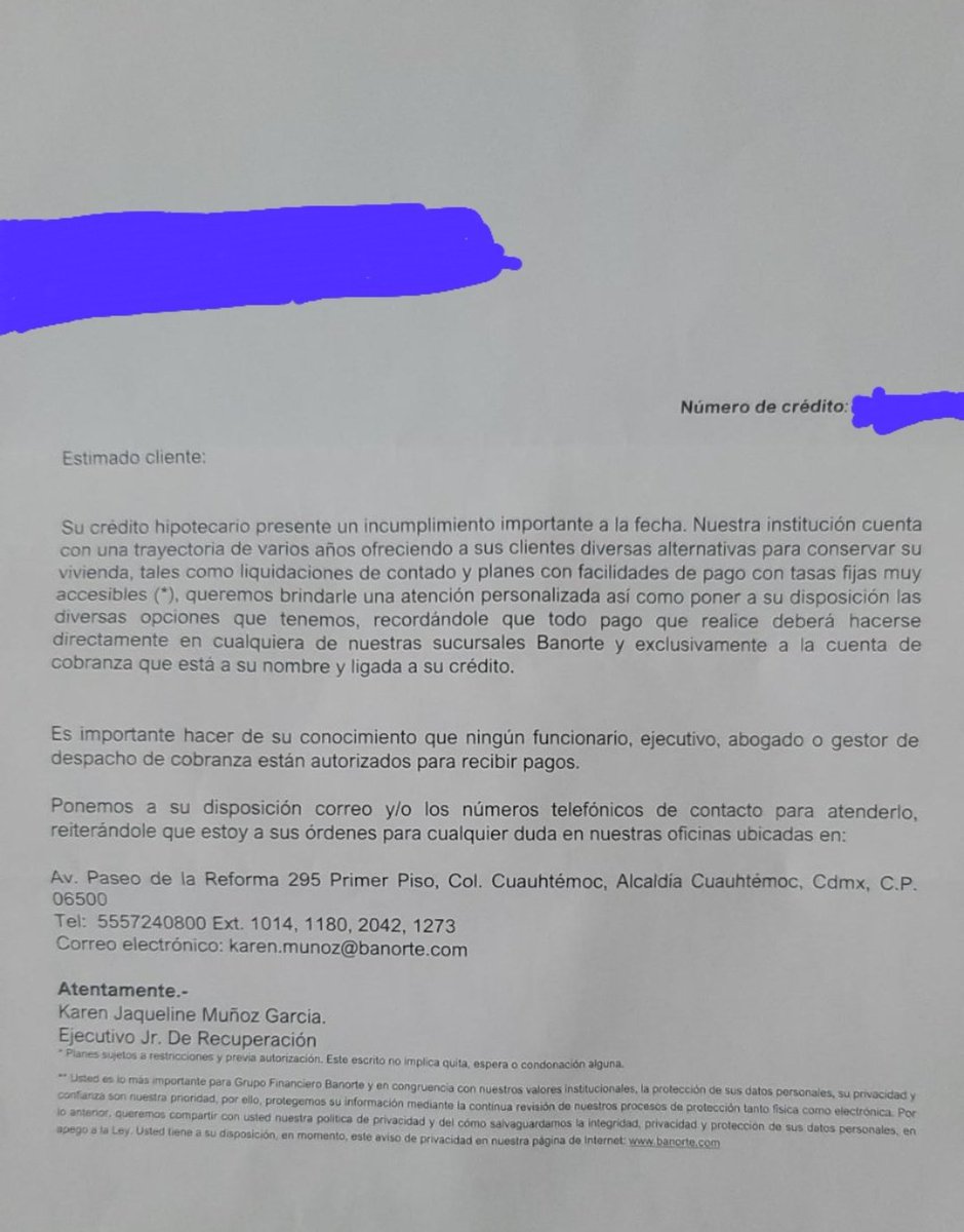 Hola, <a href="/BanorteEscucha/">BANORTE</a> llegó este papel a casa, por un momento nos asustamos, porque vamos al corriente en los pagos... pero luego recordamos que la #hipoteca no está en su banco. No sé ustedes, pero a mí me molestaría mucho que intenten hacer fraude a mi nombre...