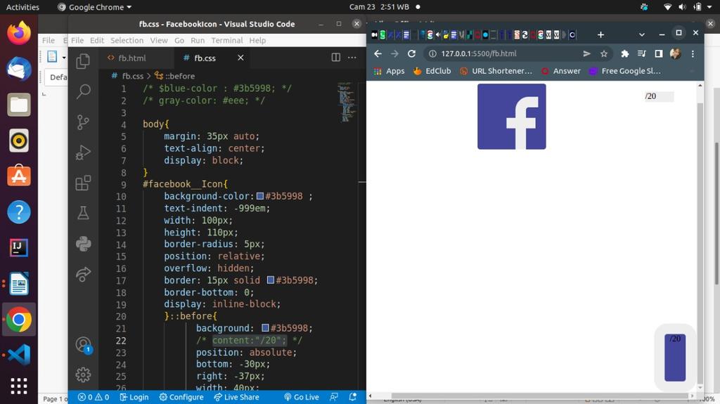 SalmaIsoul's tweet photo. Facebook logo with html/css, this was tough when initially my Facebook was upside down and I had to beat myself up trynna find how to switch it , to right side up🥵 I can feel my growth though each and everyday, which is all that matters. #100DaysOfCode #codeHive2022 https://t.co/AnKX8sSJ3H