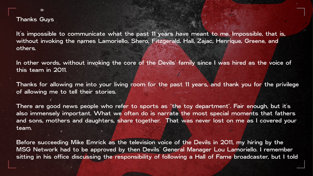 NJDevils's tweet photo. After stepping away from from the booth, @CangyManMSG shares an open letter. 

Thank you for everything, Cangy! 

📰: https://t.co/L8VHZa4JBu https://t.co/AV9msBCqvw