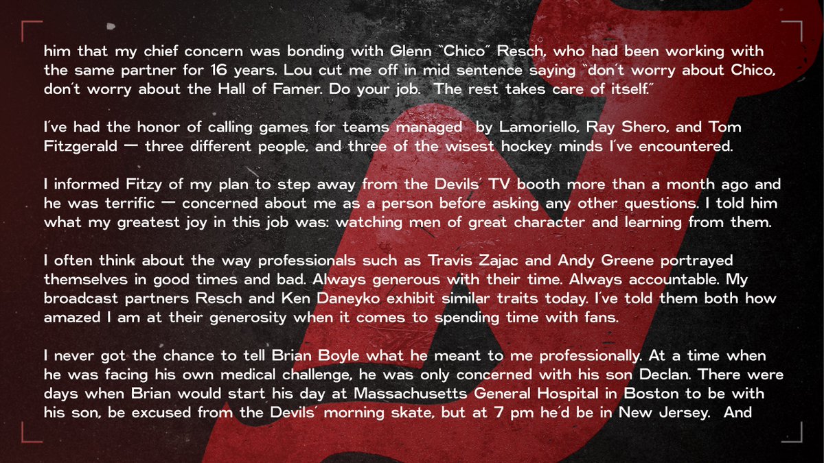NJDevils's tweet photo. After stepping away from from the booth, @CangyManMSG shares an open letter. 

Thank you for everything, Cangy! 

📰: https://t.co/L8VHZa4JBu https://t.co/AV9msBCqvw