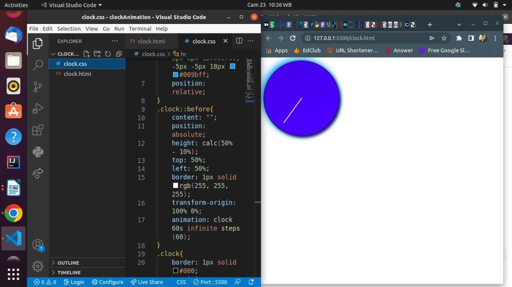SalmaIsoul's tweet photo. Made a clock with html and css, issues creating the hour hand but still pretty much content with the progress so far. #100DaysOfCode #codeHive2022 https://t.co/OGg2083SHD