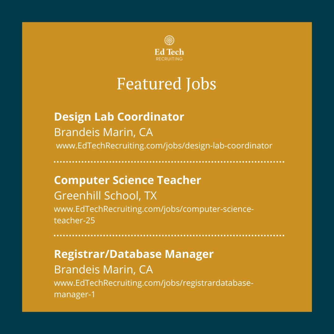 Have you taken a peek at our featured jobs lately?

These three new searches can be found on our website’s job board. To learn more about each position, click the link below! 

edtechrecruiting.com/jobs
