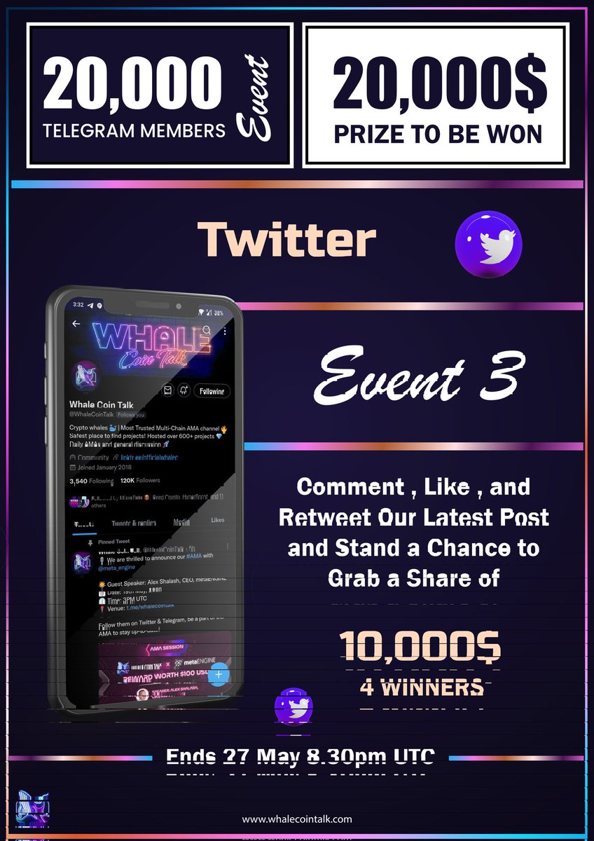 CONTEST #3 - Twitter🎉
❗️$10000 to 4 Winners🤑

The winners will be picked at random and get:
🥇 $5,000
🥈 $3,000
🥉 $1,250
🏅 $750

Requirements:
✅ Follow us
✅ Comment, like and retweet this post

The contest closes this Friday at 8:30pm UTC, 27th of May🗓

#Giveaways #crypto