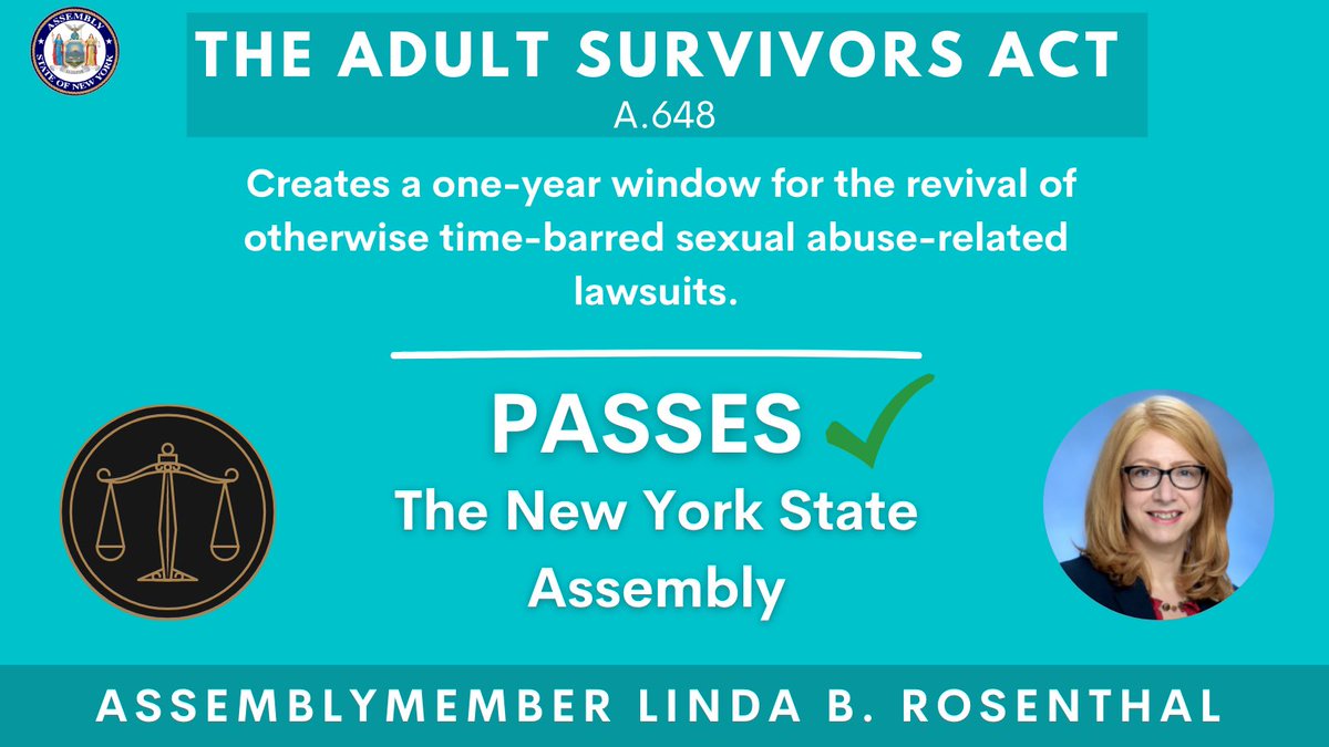 Today, the NYS Assembly recognized that #TraumaTakesTime & passed my bill A.648, the #AdultSurvivorsAct, allowing survivors of sexual abuse-related cases to sue their assailant regardless of arbitrary statutes of limitations.

This is a transformative moment for NY’s survivors.