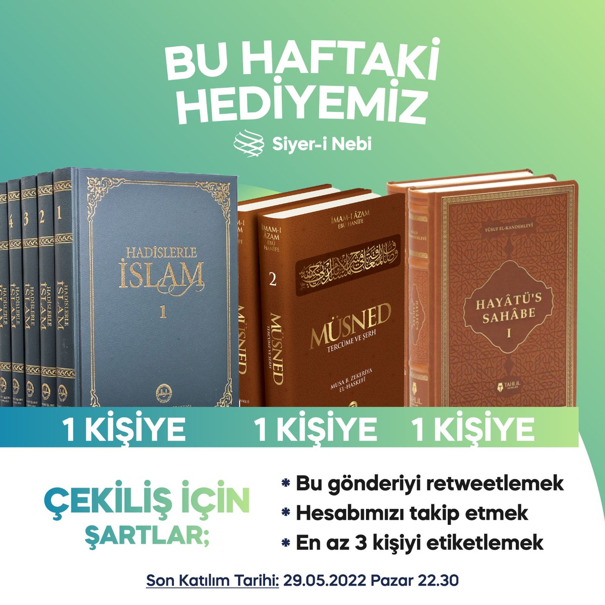 siyeri_nebi_der's tweet photo. Bir kardeşimize 7 ciltlik Hadislerle İslam adlı eseri, bir kardeşimize 2 ciltlik Hayâtu's-Sahâbe adlı eseri, bir kardeşimize ise İmam-ı Azam Ebû Hanife'nin  2 ciltlik Müsned adlı eserini hediye ediyor, dualarınızı bekliyoruz. https://t.co/BJlRCo3M8X