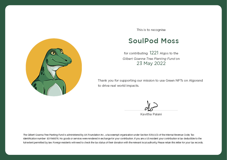 Thanks to the incredible #AlgoFam, SoulPod Moss has raised no less than 1221A for the @Gilbertgoanna01 Tree Fund in just one month! Thank you so much for the crazy support Souls 🌎💚

#algoNFT #GreenNFTs @AlgoFoundation @al_goanna