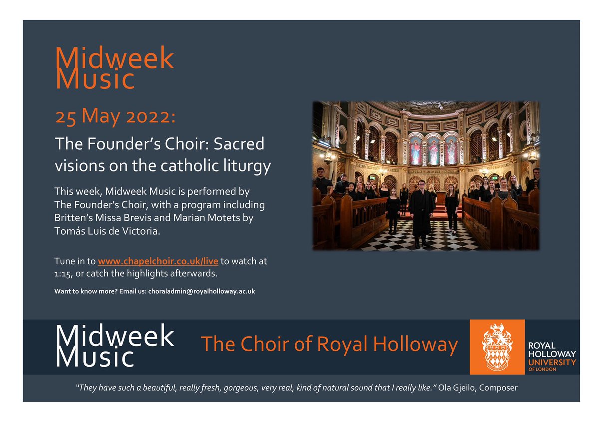 rhfounderschoir's tweet photo. This week, Midweek Music is performed by The Founder’s Choir, with a program including Britten’s Missa Brevis and Marian Motets by Tomás Luis de Victoria. https://t.co/3dknfsFaqk