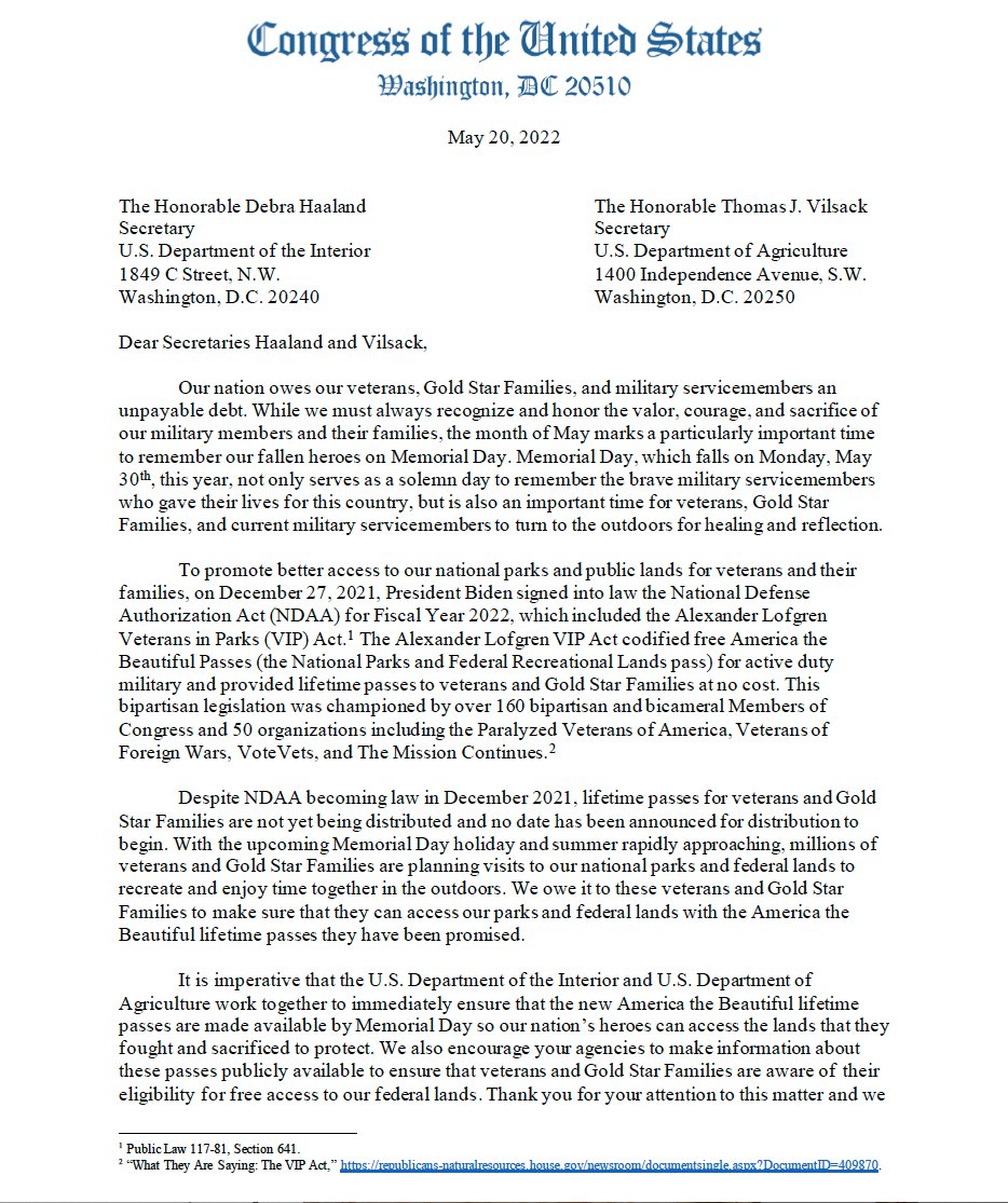 ToeThePartyLine's tweet image. I joined  and our colleagues to urge the Interior and Agriculture Departments to implement the #VIPAct so our #veterans and Gold Star families have free access to our national parks and public lands by Memorial Day.