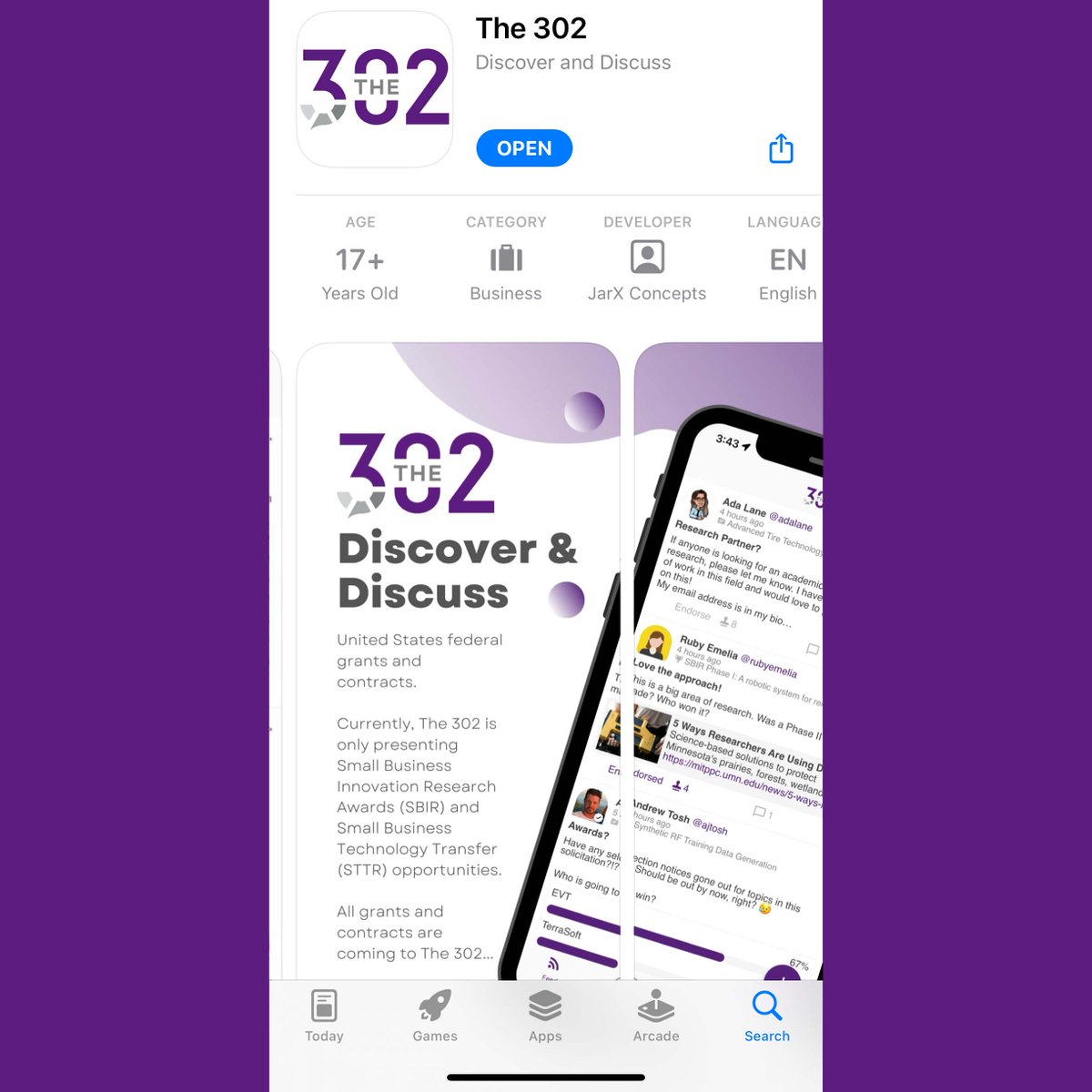 the302us's tweet photo. The launch version of The 302 is launched! Download for Android and iOS now.

I would love to hear your thoughts. The best way to give feedback is to post about it on The 302!

#FederalContracting #Grants #The302 #b2g #SBIR #SBIRs #STTR #STTRs 

https://t.co/mSFbIplvJW https://t.co/3ii0RY1fQh