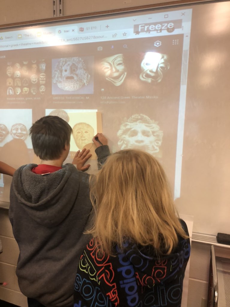 rarmstrong0011's tweet photo. Today, we created traditional Greek theatre masks to present our #odysseyproject plays! I’ve loved watching these students design sets and write scripts! #practicalapplication #literacy #benchmarkuniverse https://t.co/o6lgvQyngw