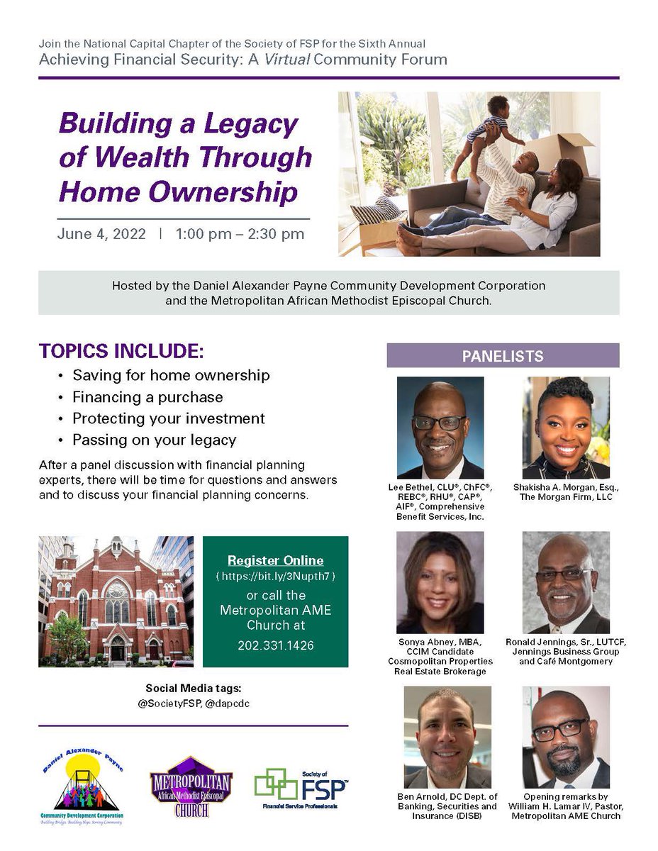 MauritaColey's tweet image. NEW SPEAKERS for virtual “Building a Legacy of Wealth Through Home Ownership” forum. Sat June 4, 2022, 1pm-2:30pm. REGISTER below bit.ly/3Nupth7 Any problems? Call @MetropolitanAME @DAPCDC 202-331-1426 or email admin@dapcdc.org #Blackhomeownership #WealthCreation
